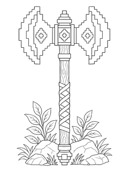 A detailed axe coloring page featuring stepped blades and a wrapped wooden handle.