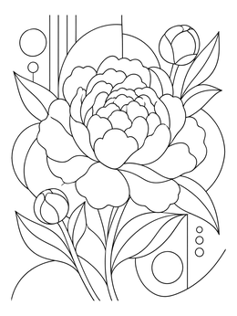 A detailed spring flowers coloring page showing a blooming peony and buds.