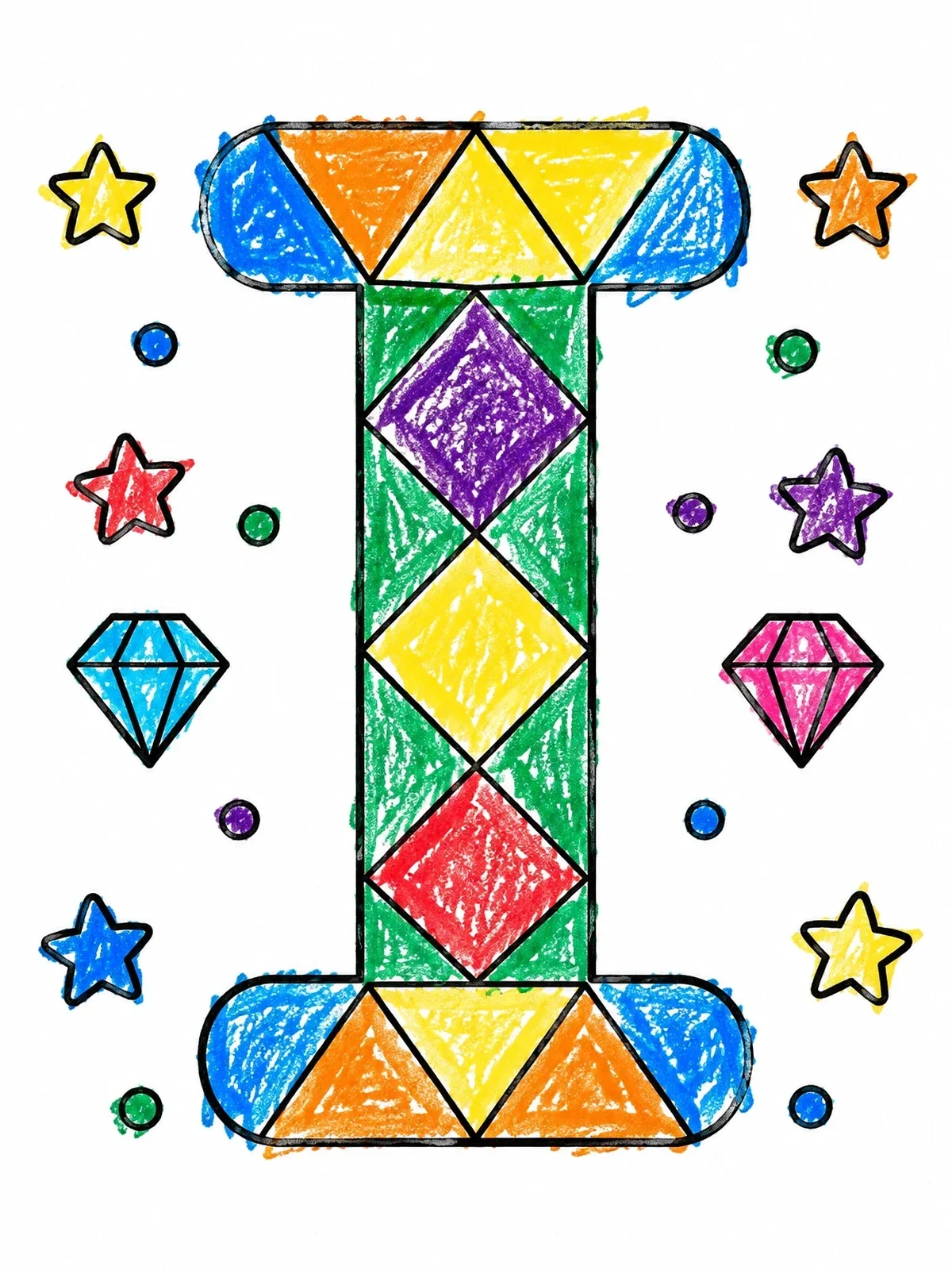 Colored example of the Geometric Capital Letter I With Diamonds coloring page