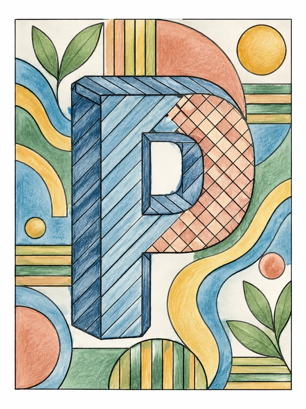 Colored example of the Geometric Capital Letter P coloring page