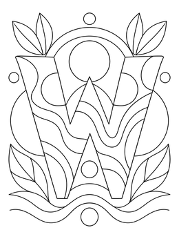 A decorative letter w coloring page featuring geometric patterns and botanical elements.