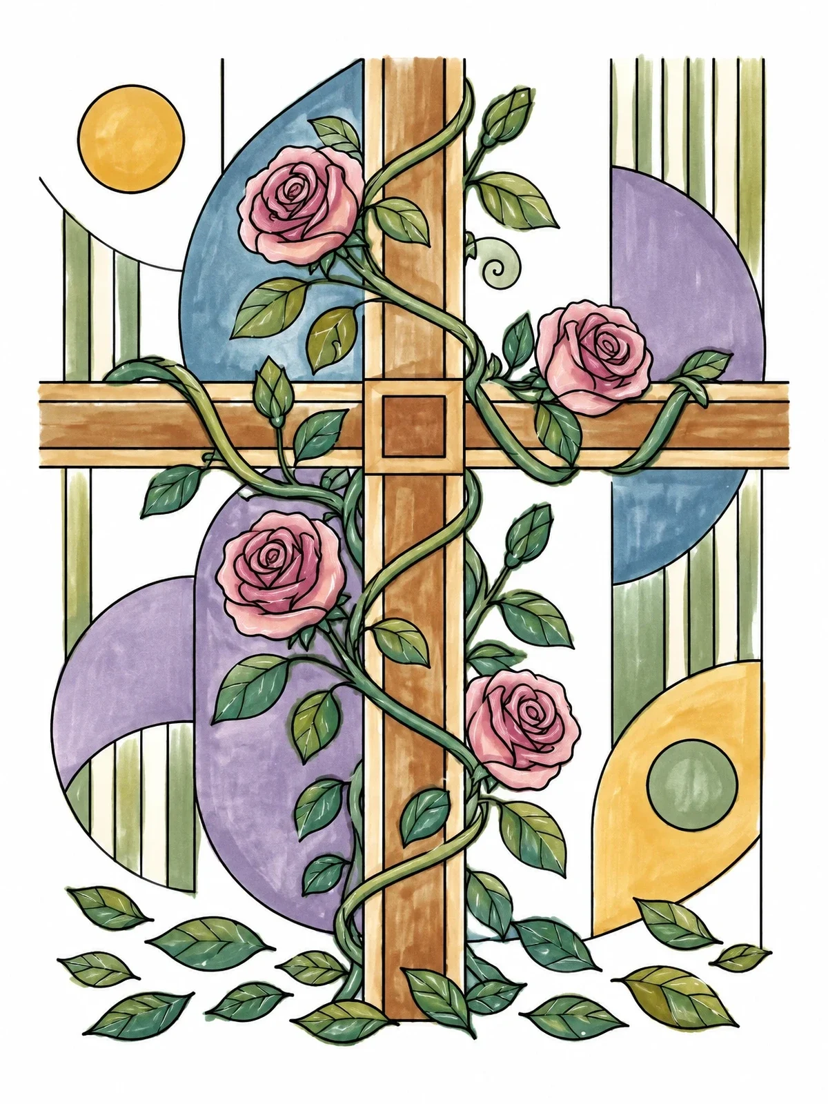 Colored example of the Geometric Cross With Climbing Roses coloring page