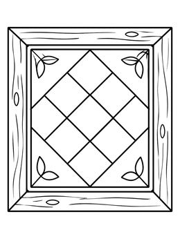 A simple stained glass coloring page showing diamond panes within a rustic wooden frame.