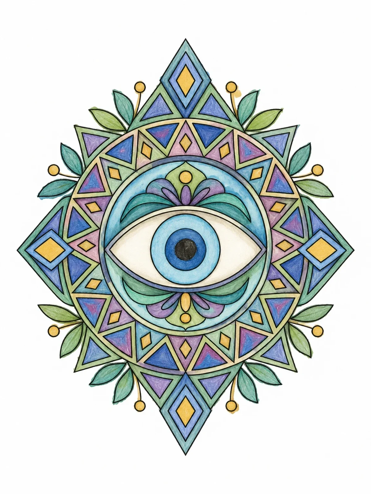 Colored example of the Geometric Evil Eye Mandala coloring page
