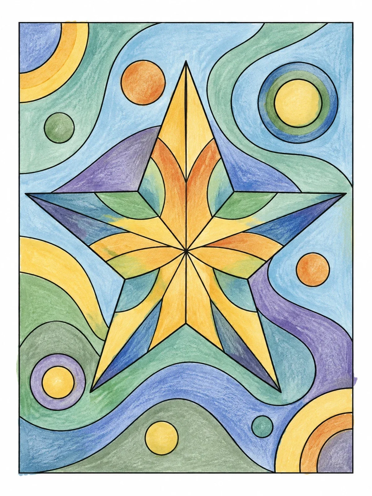 Colored example of the Geometric Star With Wavy Background coloring page