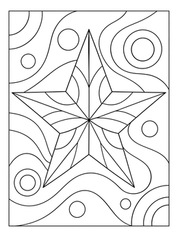 A patterned five-pointed star coloring page with flowing lines and circles in the background.