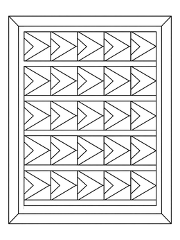 A geometric quilt coloring page displaying repetitive rows of arrow-like triangles.