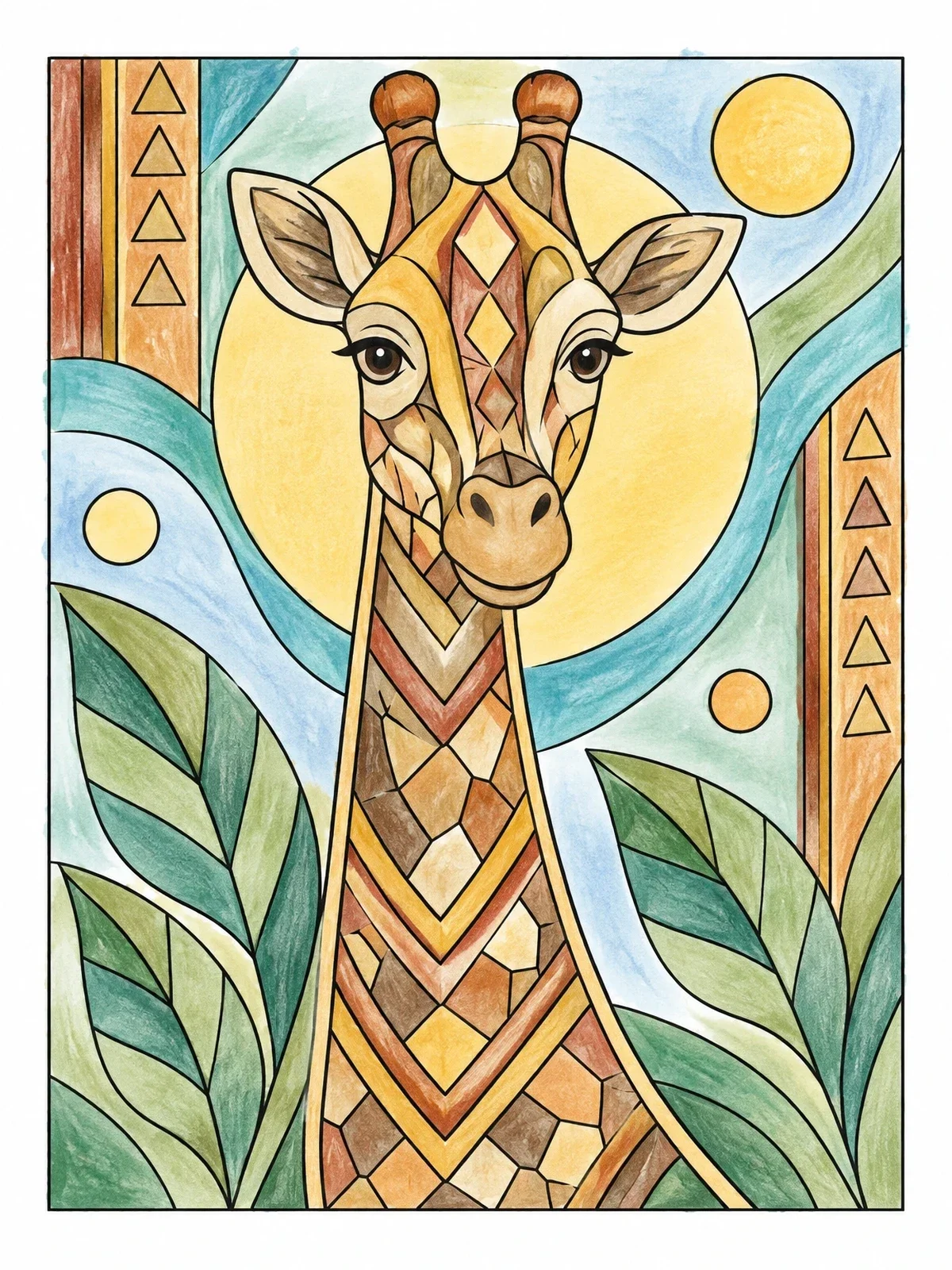 Colored example of the Geometric Giraffe Portrait With Leaves coloring page