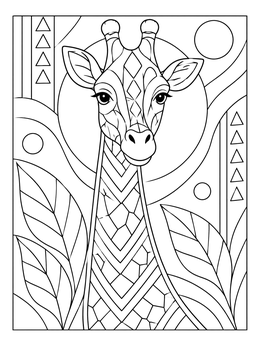 Geometric patterns on a giraffe coloring page surrounded by abstract foliage.