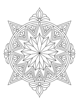 A detailed geometric islamic art coloring page featuring a star mandala with radiating triangular patterns.