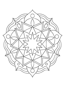 A detailed islamic art coloring page featuring a symmetrical star rosette and geometric mandala.