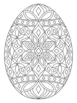Detailed geometric patterns on an easter egg coloring page.