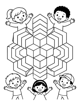 Free printable Geometric Kaleidoscope Pattern With Happy Kids coloring page
