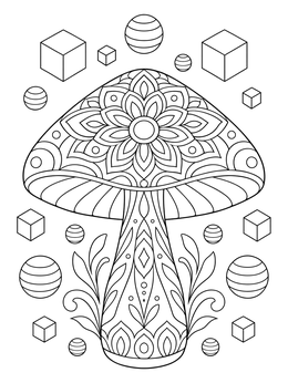 A detailed mushroom coloring page with mandala patterns, floating cubes, and striped spheres.