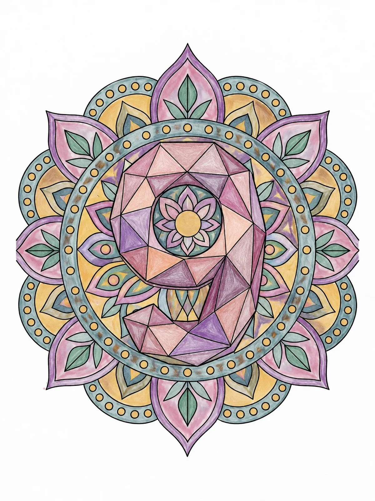 Colored example of the Geometric Mandala Number Nine coloring page