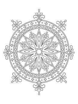 Intricate geometric mandala snowflake coloring page with symmetrical crystal patterns.