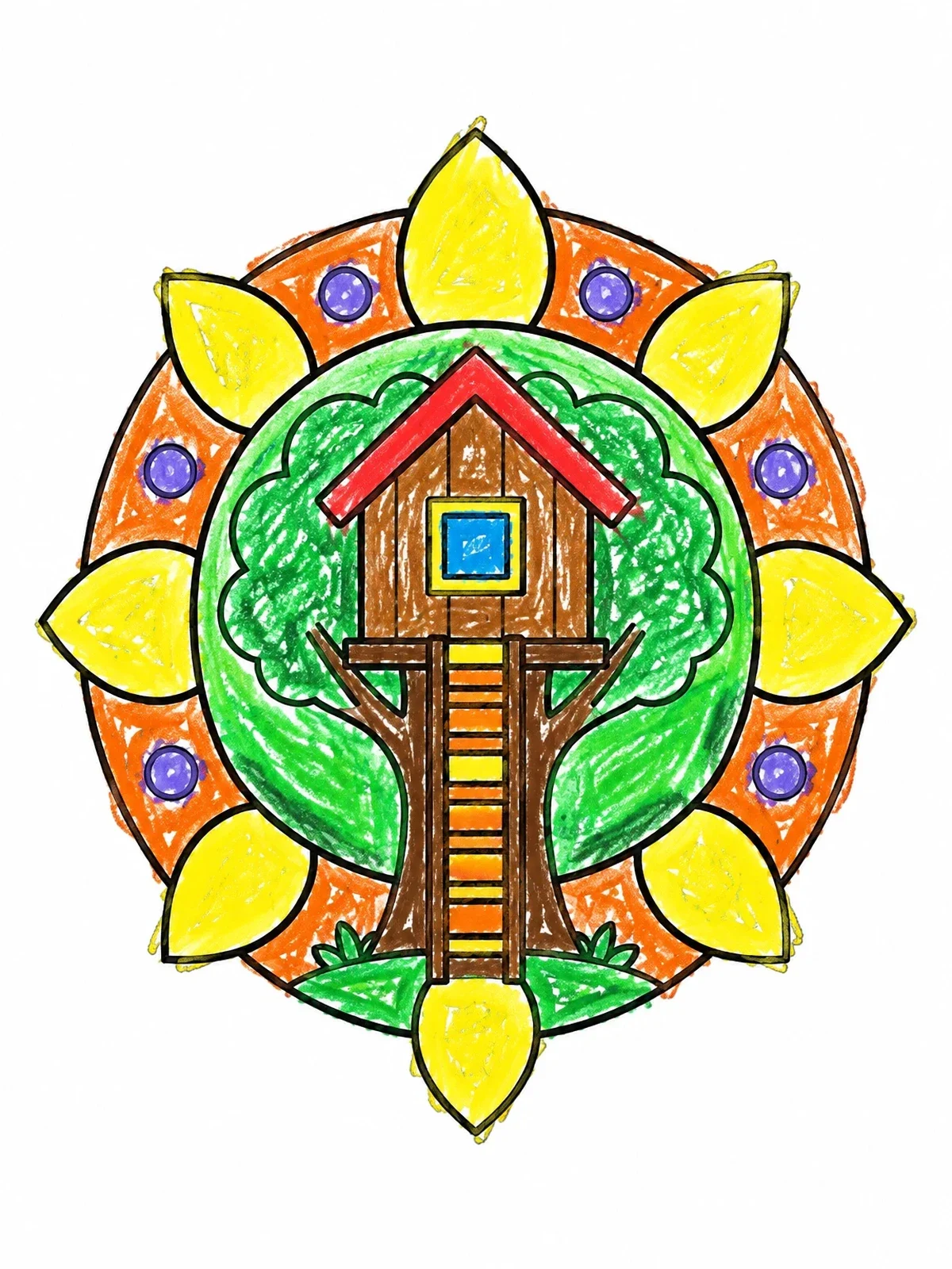 Colored example of the Geometric Mandala Treehouse coloring page