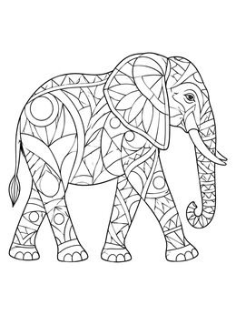 An ornate elephant mosaic coloring page filled with intricate geometric tile patterns.