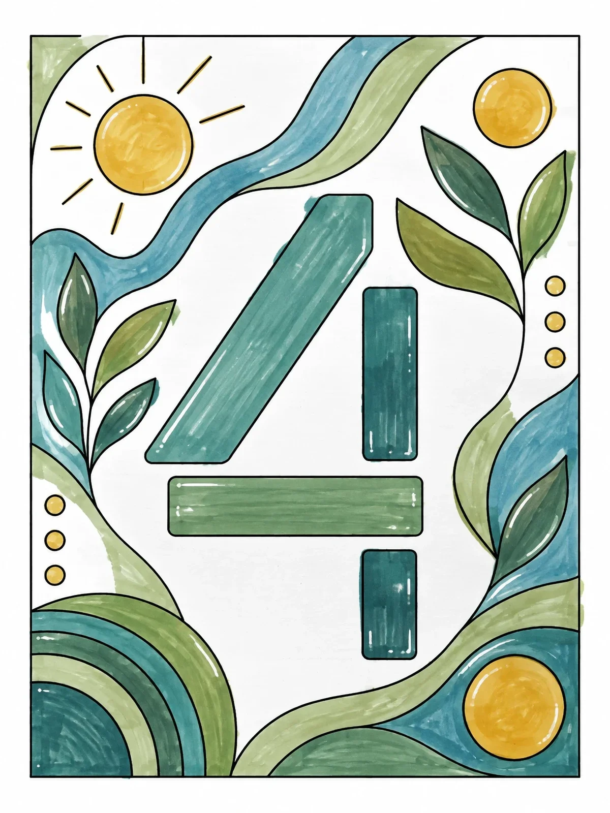 Colored example of the Geometric Number Four With Botanical Patterns coloring page