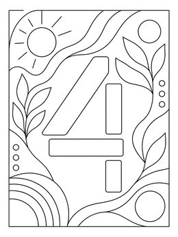 A modern number 4 coloring page framed by organic leaves and flowing sunburst lines.
