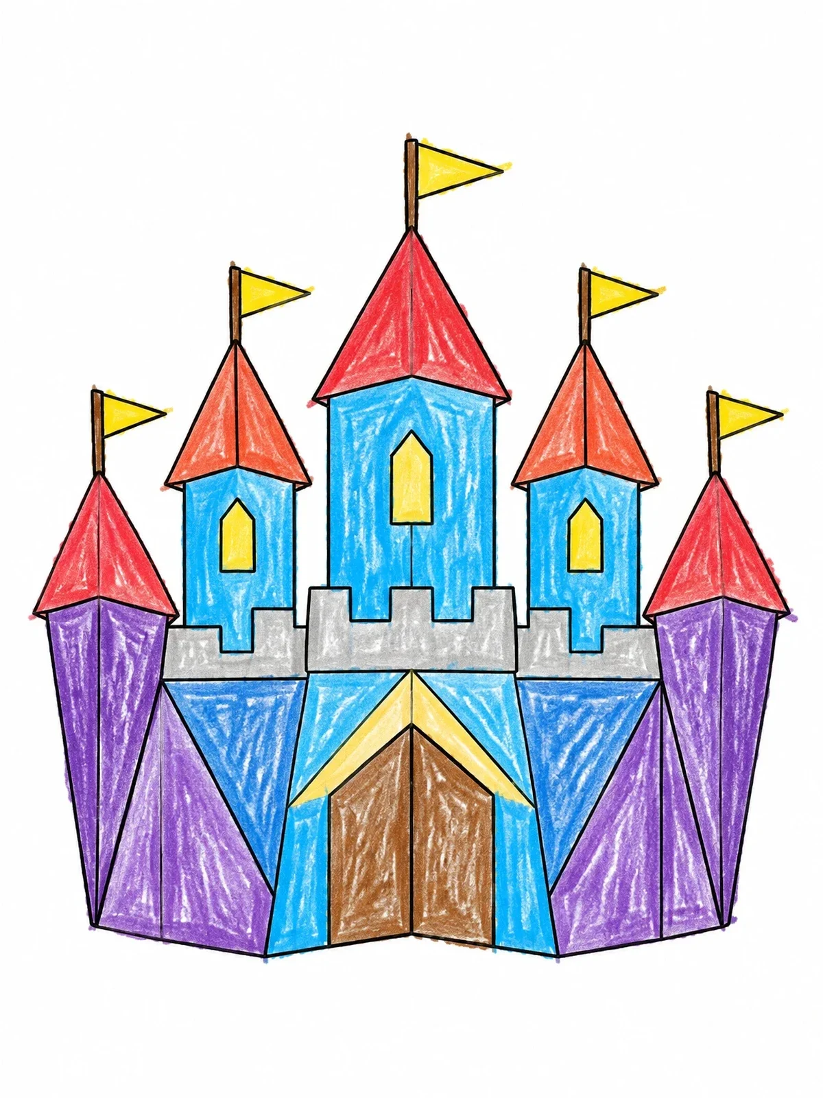 Colored example of the Geometric Origami Castle With Turrets coloring page