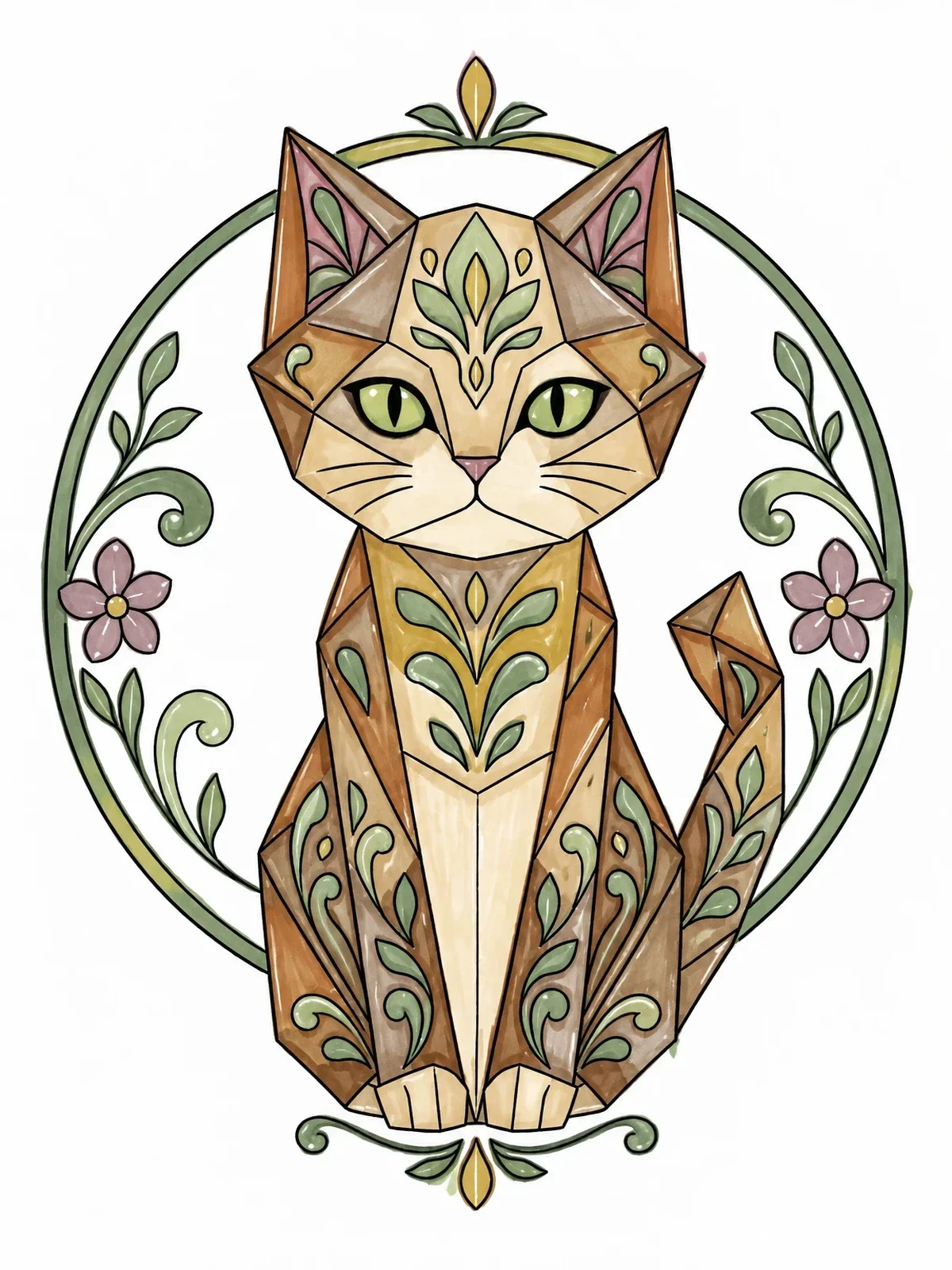 Colored example of the Geometric Origami Cat With Floral Frame coloring page
