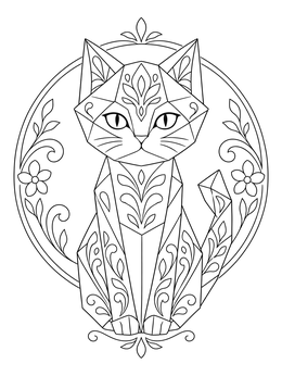 Free printable Geometric Origami Cat With Floral Frame coloring page