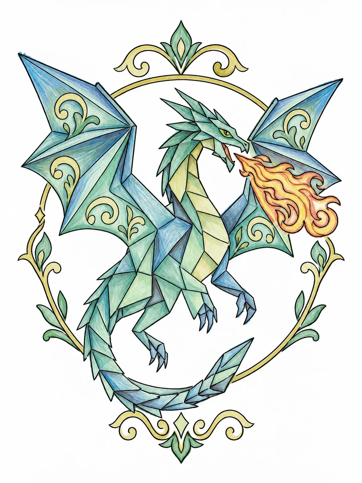 Colored example of the Geometric Origami Dragon Breathing Flames coloring page