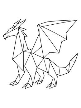 Geometric origami dragon coloring page standing with raised wings.