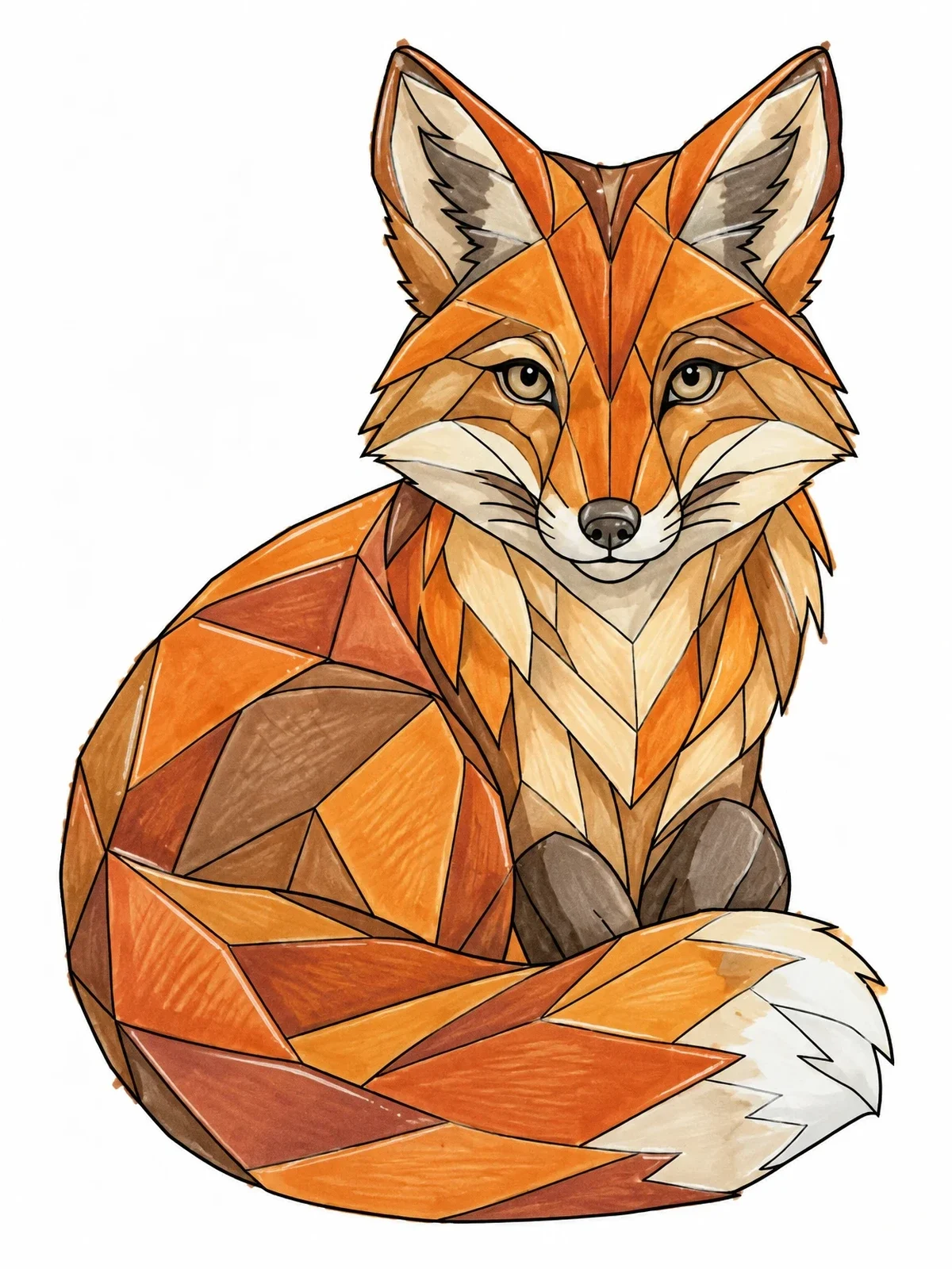 Colored example of the Geometric Origami Fox Sitting Curled coloring page