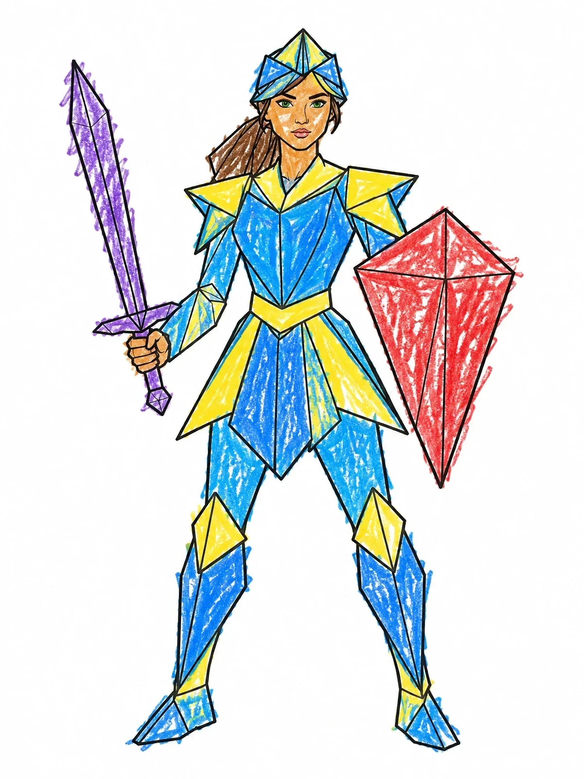 Colored example of the Geometric Origami Knight Warrior coloring page