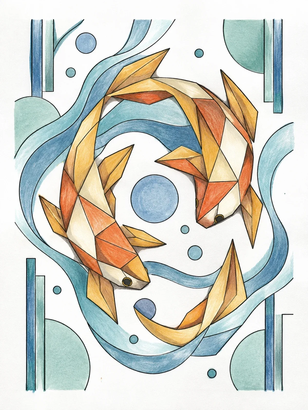 Colored example of the Geometric Origami Koi Fish Pair coloring page