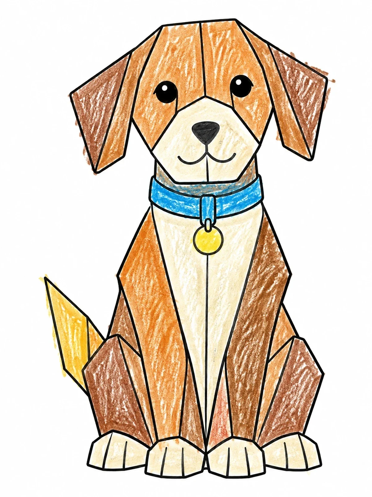 Colored example of the Geometric Origami Puppy With Collar coloring page