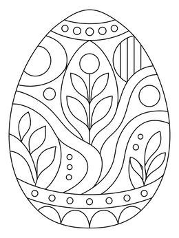 A decorative patterned egg fills this easter cards coloring page with botanical shapes.