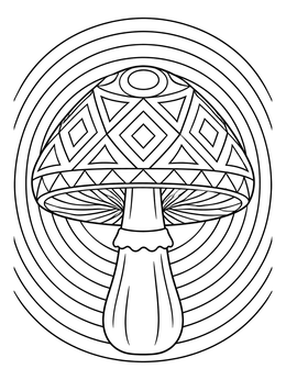 Geometric mushroom coloring page surrounded by concentric optical rings.