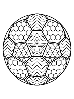 A detailed soccer ball coloring page decorated with intricate geometric and star patterns.