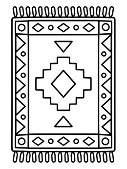 A decorative fringed area rug coloring page featuring geometric diamond and triangle shapes.