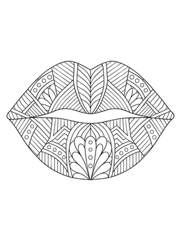 A detailed lips coloring page filled with intricate geometric patterns and mandala line art.