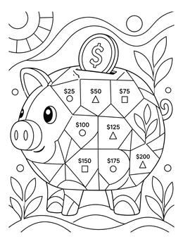 A debt free coloring page featuring a geometric piggy bank tracker with dollar amounts.