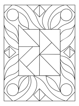 A detailed geometric quilt coloring page featuring central triangles and wavy borders.