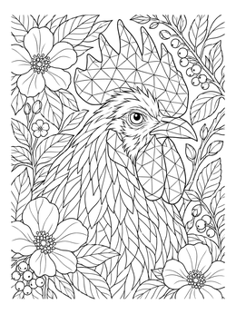 A detailed rooster coloring page surrounded by blooming flowers and leaves.