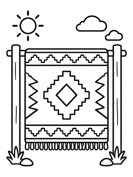 A patterned rug coloring page hanging outdoors under a sun and clouds.