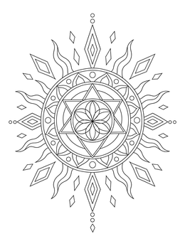 An intricate sun coloring page featuring geometric patterns and mandala rays.
