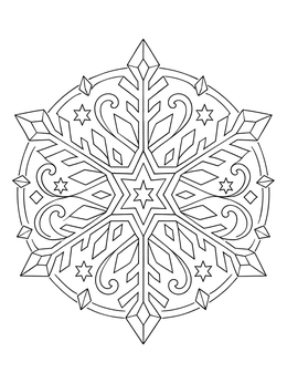 A detailed christmas mindfulness coloring page featuring an intricate crystalline snowflake mandala.
