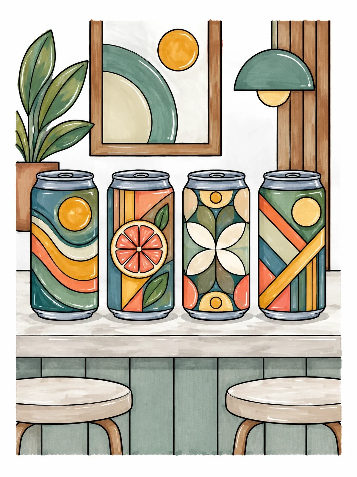 Colored example of the Geometric Soda Cans On Kitchen Counter coloring page