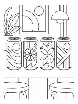 A modern soda coloring page featuring four decorative beverage cans sitting on a kitchen counter.