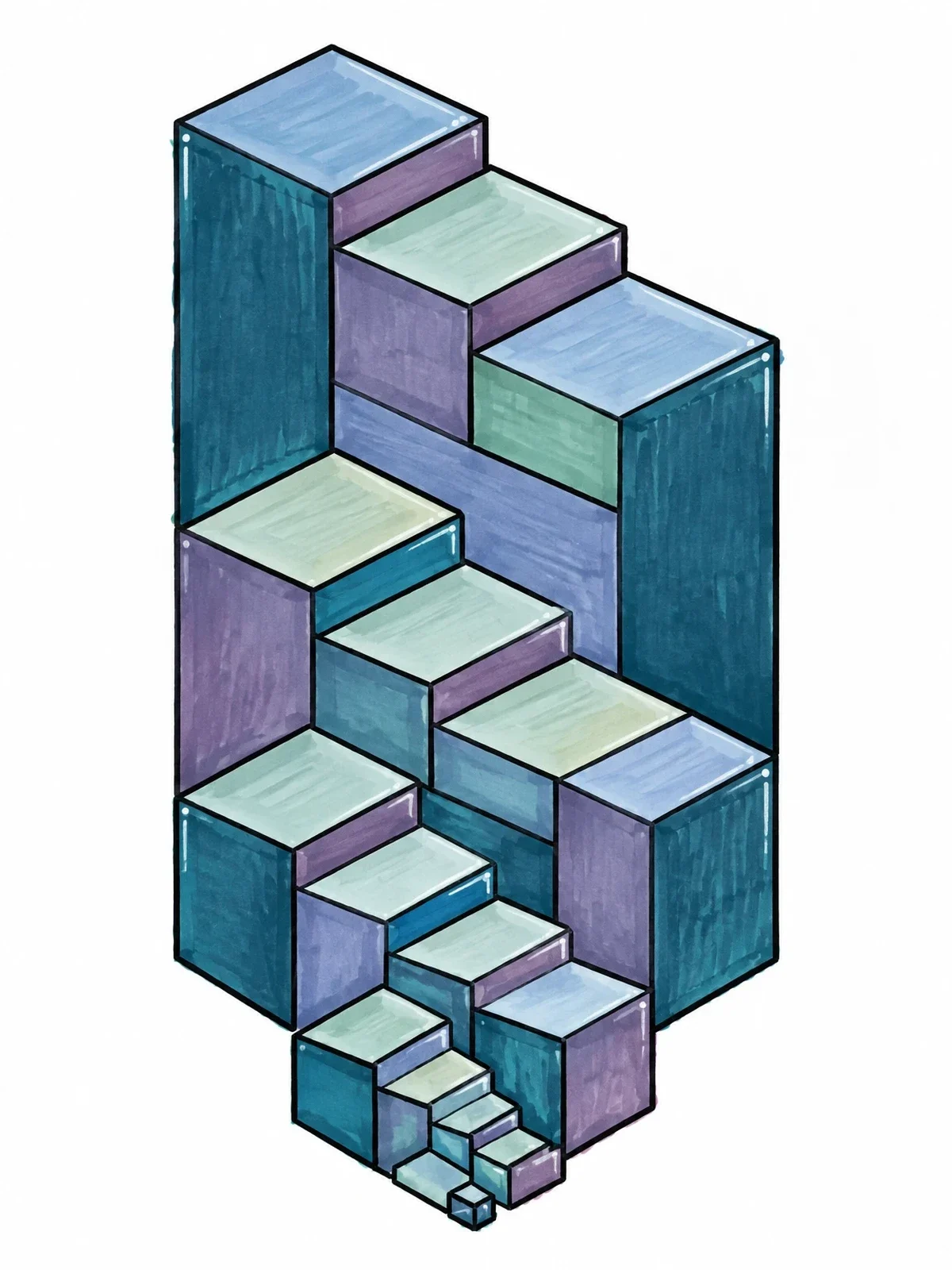 Colored example of the Geometric Staircase Fractal Illusion coloring page
