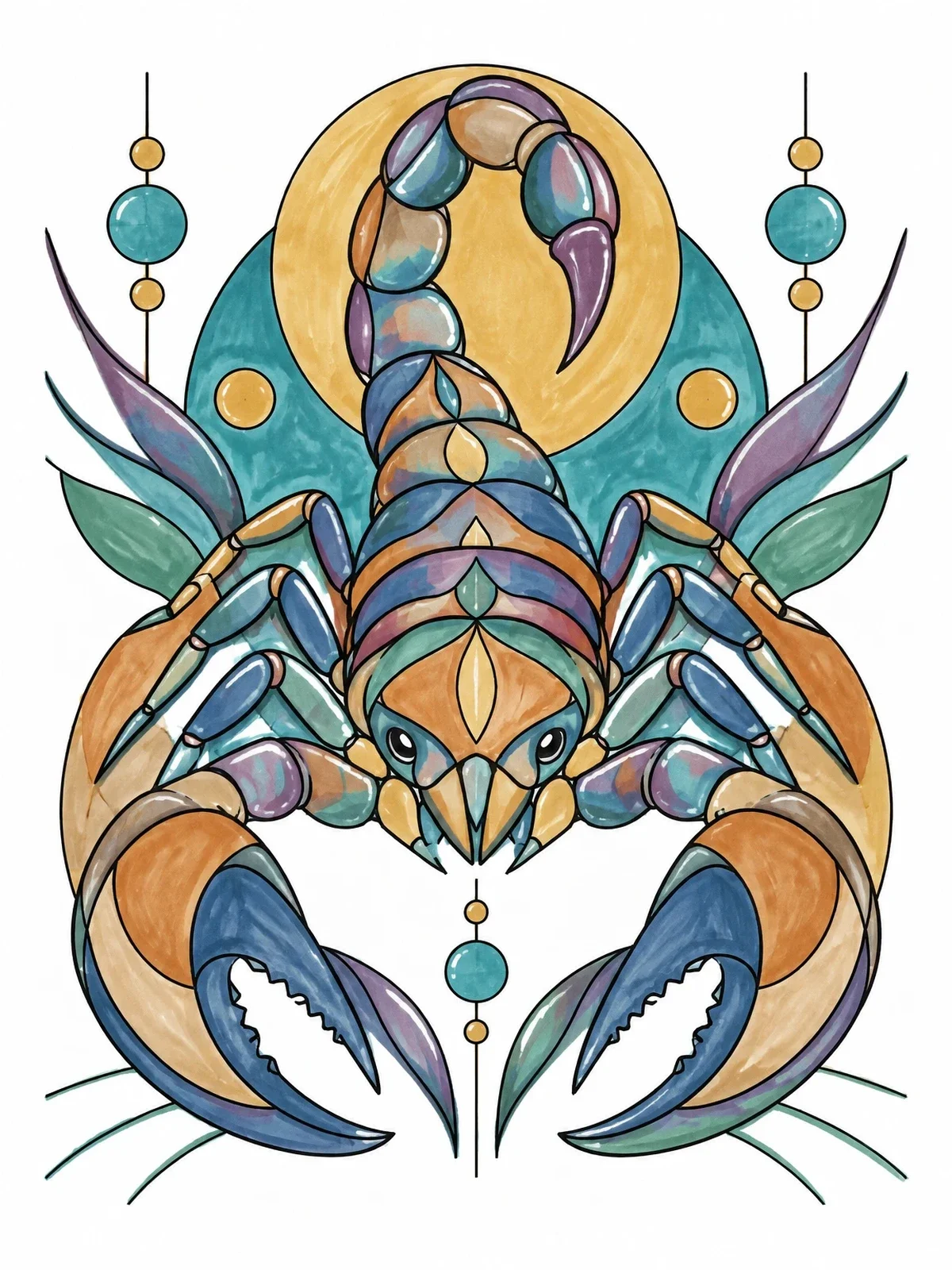 Colored example of the Geometric Stylized Scorpion Design coloring page