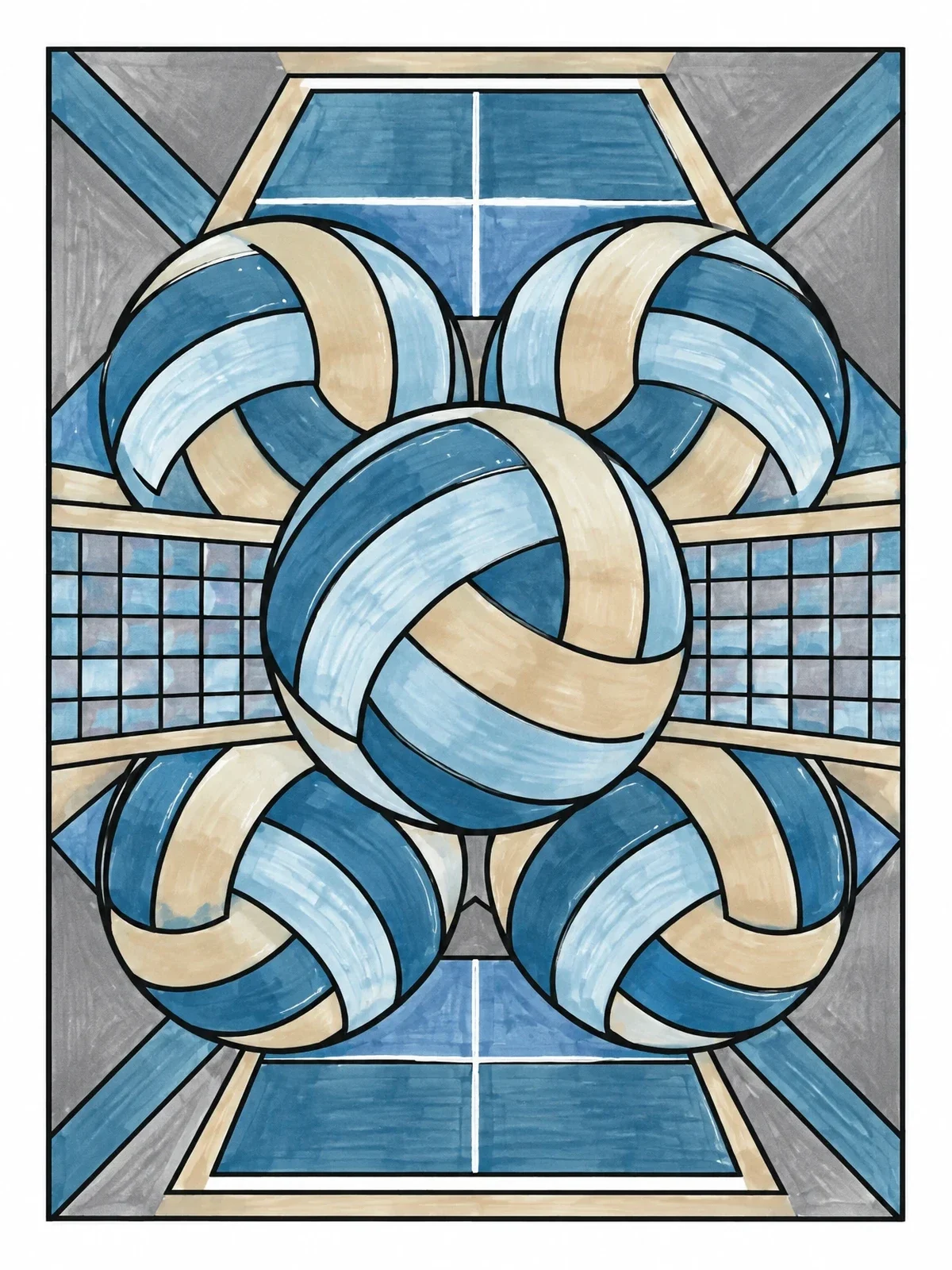 Colored example of the Geometric Volleyball And Net Pattern coloring page