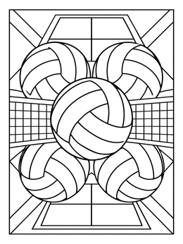 A symmetrical volleyball coloring page featuring multiple volleyballs, a net, and court lines.